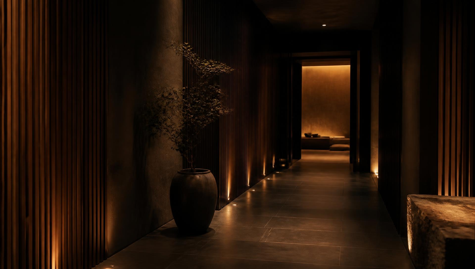 Donker recovery-interieur met stoom en warm licht