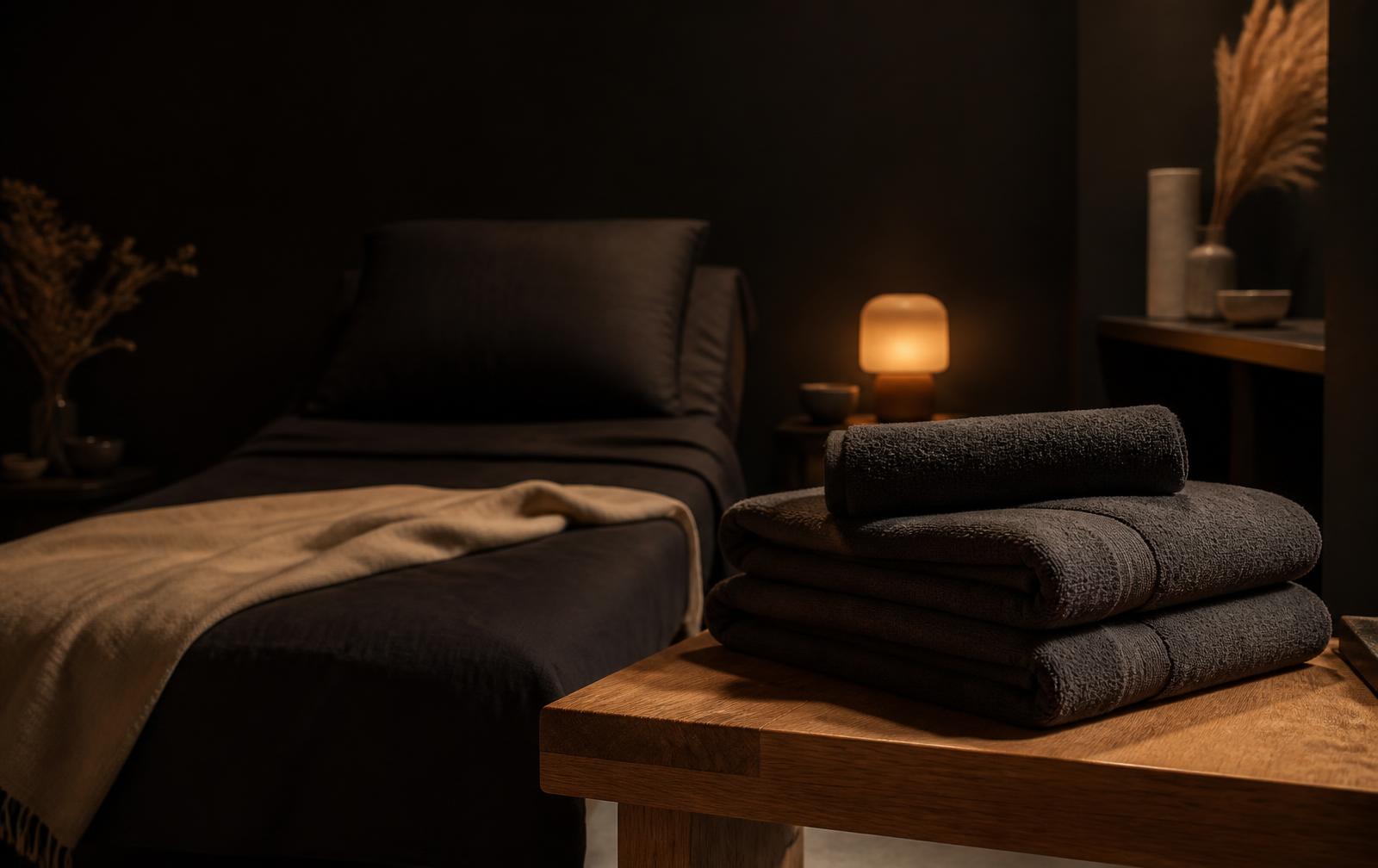 Intieme private ruimte met donkere daybed en lage lamp